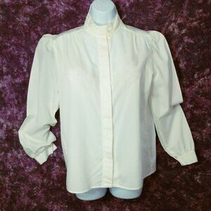 Vintage 80s Jonathan Logan Blouse Top -10 Buttons Pleats MockNeck Puff LSL Ivory